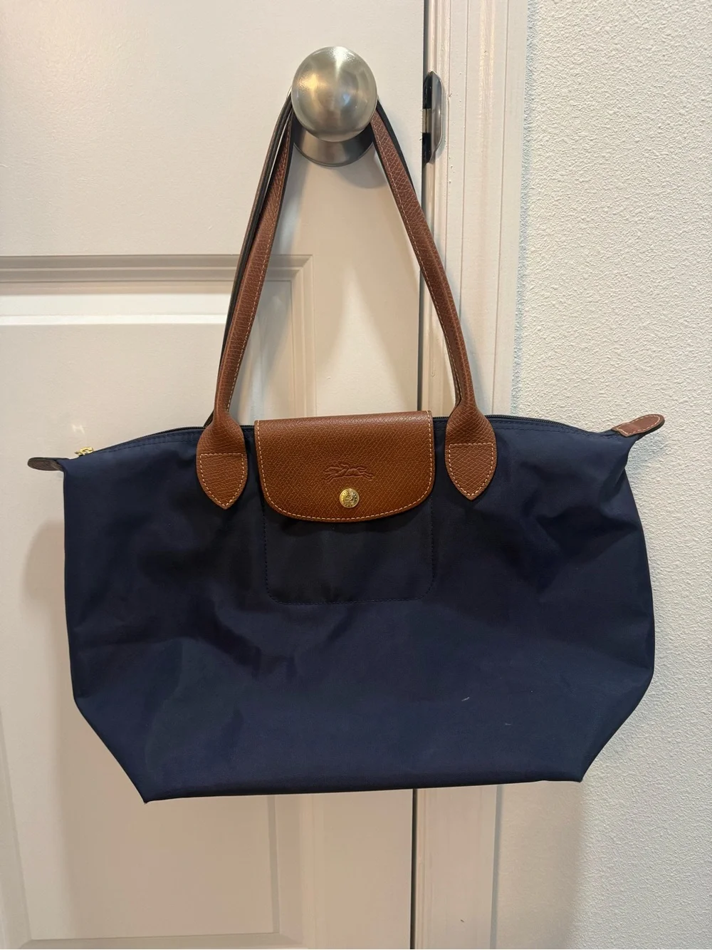 Longchamp Medium size Navy Tote with Brown Leather Trim and Handles